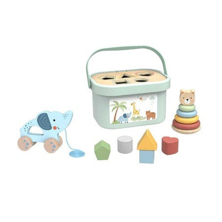 3in1 Toy Box - Sorting Blocks, Stackable Pyramid and Elephant On Wheels