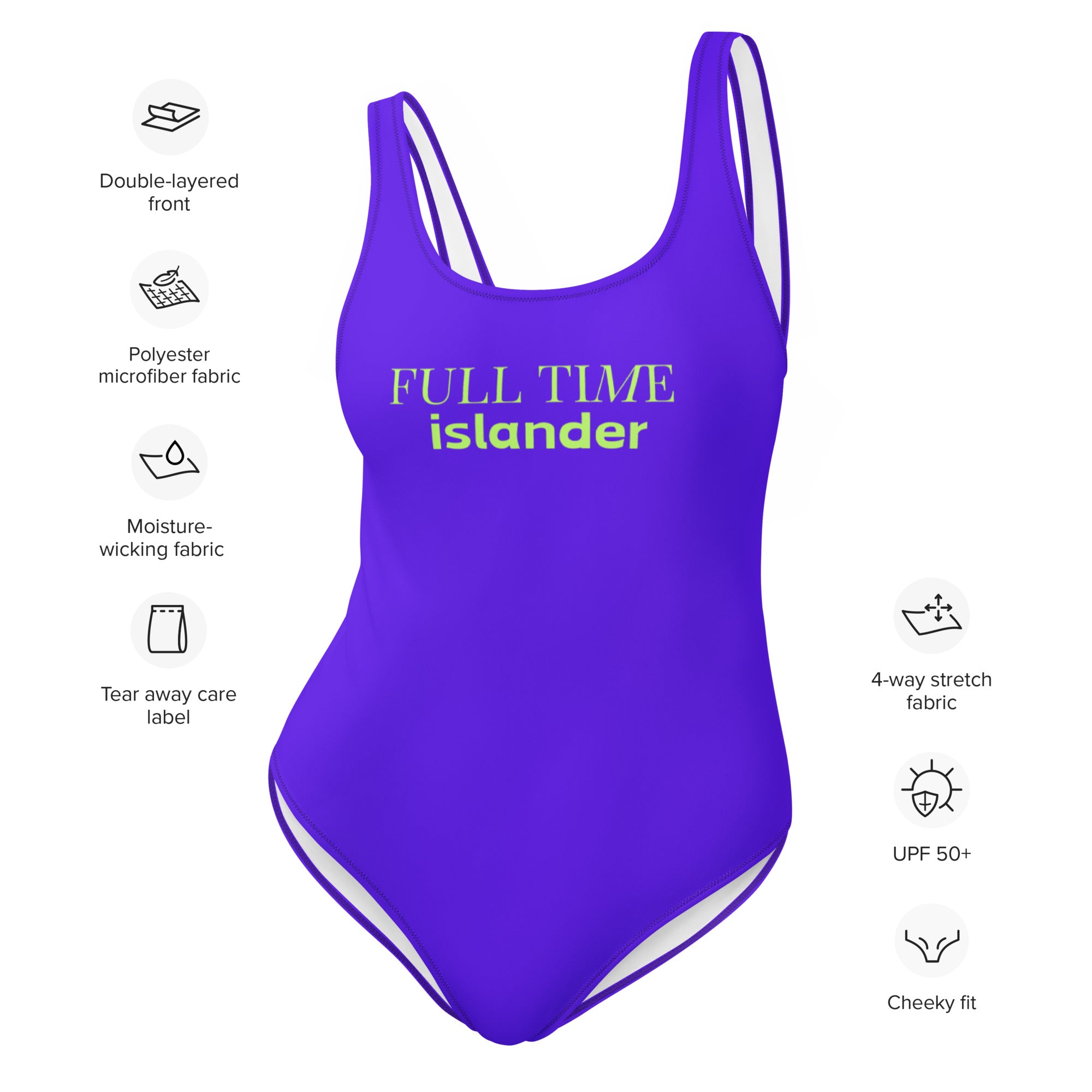 "Full time islander" - one piece swimsuit in electric purple