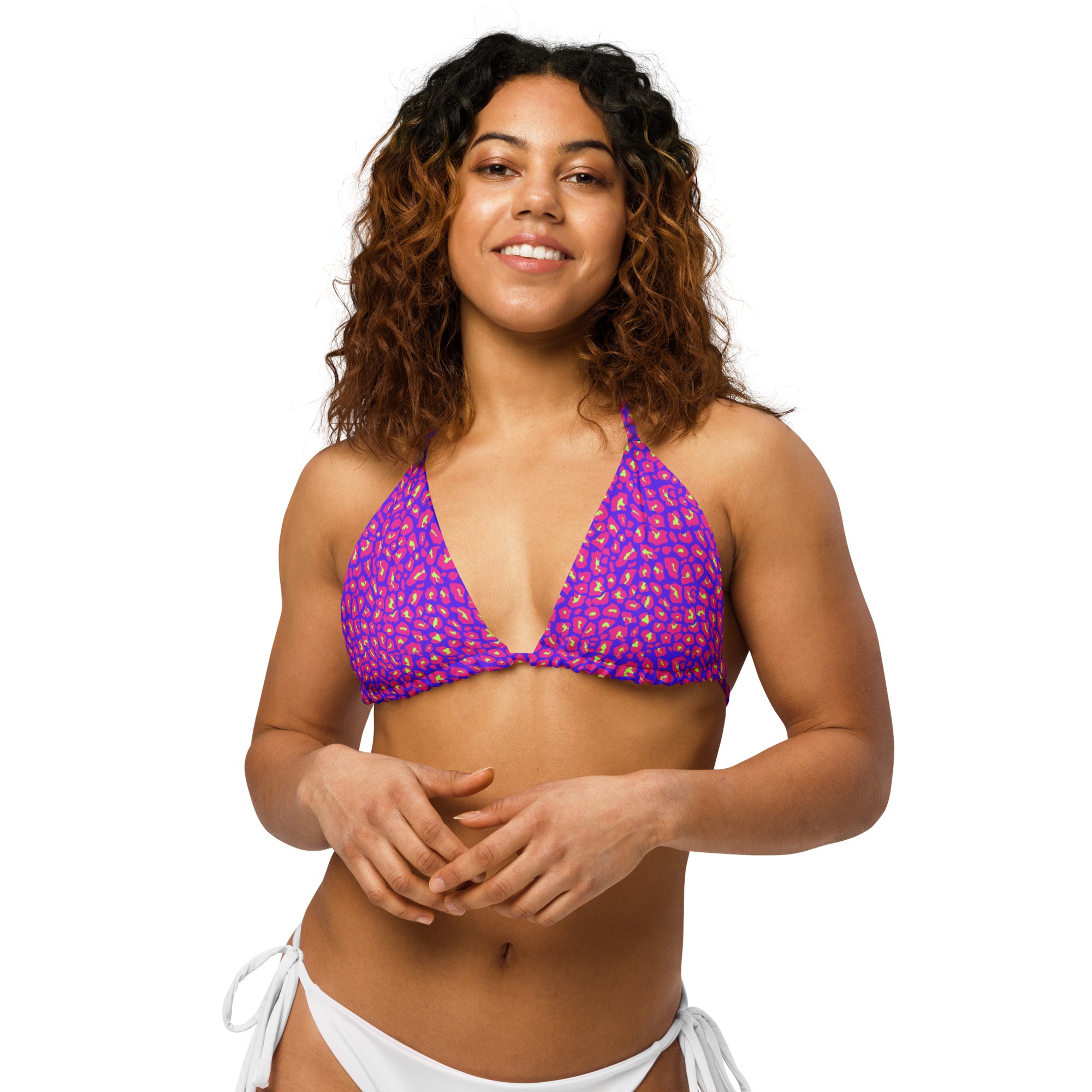 "Neon Safari" - leopard print recycled string bikini top