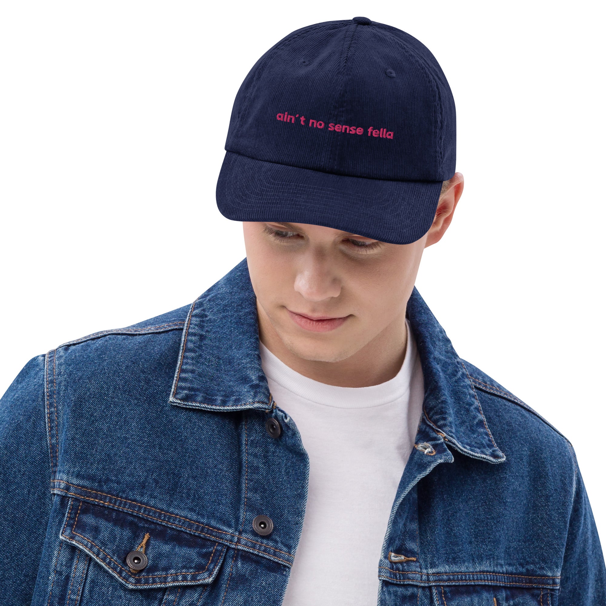 "ain't no sense fella" - Corduroy jockey hat in navy blue