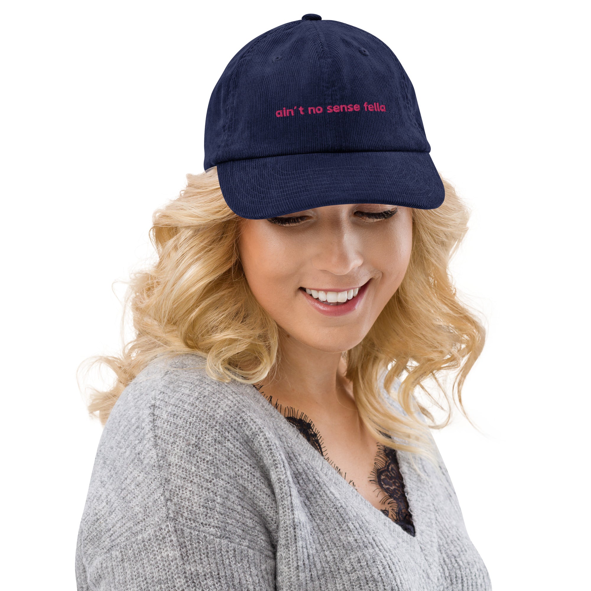 "ain't no sense fella" - Corduroy jockey hat in navy blue